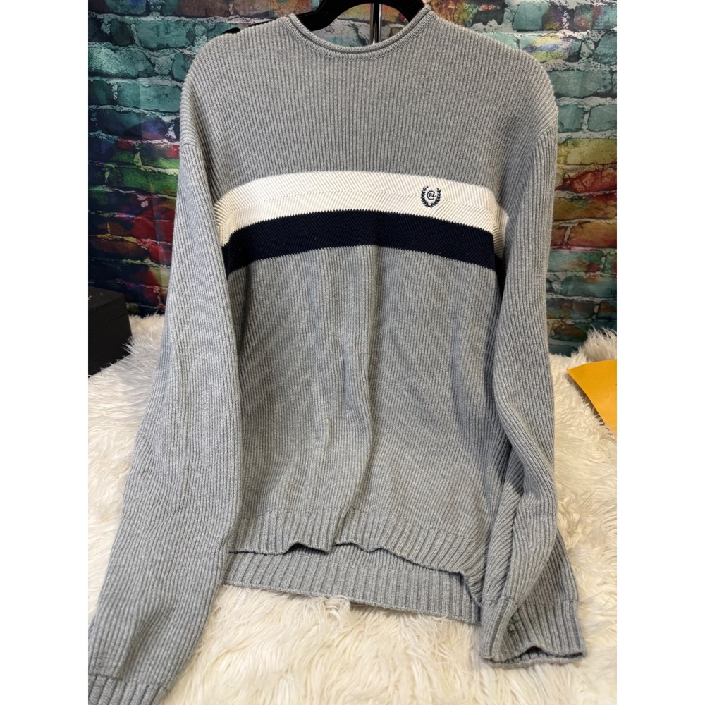 Chaps Ralph Lauren Mens Grey Ribbed Cotton Crewneck Sweater Stripe Large L/G
